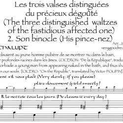 “Son binocle,” from Les trois valses distinguées du précieux dégoûté, for bass recorder (or alto) in two different versions.